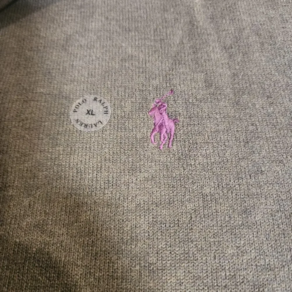 NWOT Polo Ralph Lauren Quarter Zip Knit Long Sleeve-Purple Logo, Gray Cotton, XL
